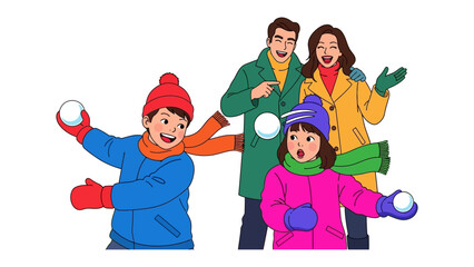 Winter Fun Family Moment: A joyful family shares a playful moment in a snowy setting, engaged in a spirited snowball fight, their laughter and delight filling the crisp winter air.