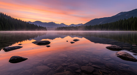 Misty lake at sunrise with colorful sky and forest