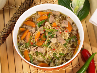 Food - Asian Soup with Noodles on white Background