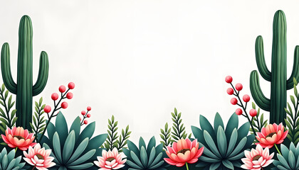 Wedding border design featuring succulents and cacti with vibrant colors and copy space

