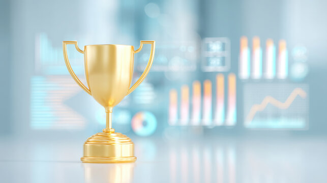 A golden trophy standing against a backdrop of statistical data and graphs, symbolizing achievement and success.