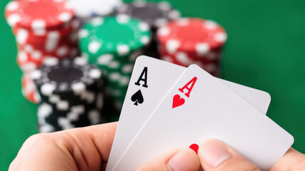 A person holding two aces in a poker game, showcasing excitement and strategy at a casino table with chips.