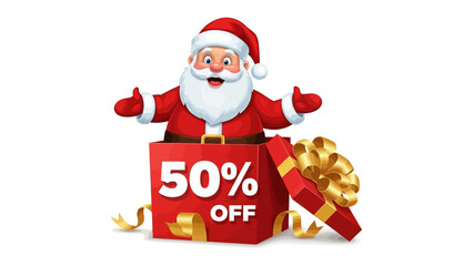 Santa's Festive Gift: A cheerful santa emerges from a festive gift box, offering a tempting 50% off discount, surrounded by the joy and magic of the christmas season.