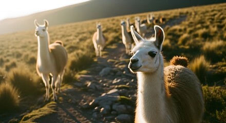 Herd of Llamas Grazing on a Grassy Hillside at Sunset.