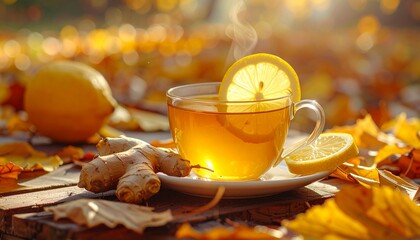Warm cup of lemon and ginger tea sitting on a wooden surface surrounded by colorful autumn leaves during a sunny day