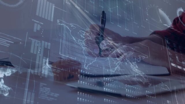Frame three showing right hand holding pen writing notes beneath holographic world map for report