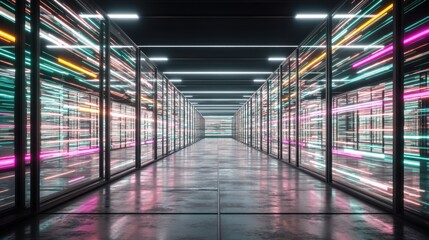 Illuminated corridor futuristic data center digital art high-tech environment wide angle view visual concept for impact