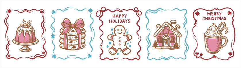 Plakat Set of cozy hand-drawn Christmas illustrations — festive cake, gift box, gingerbread man, gingerbread house, and hot cocoa. Perfect for holiday cards, decor, and seasonal design