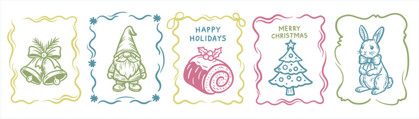 Set of hand-drawn Christmas illustrations with festive bells, gnome, yule log, Christmas tree, and bunny with bow. Cozy vintage doodle style for holiday cards and decorations
