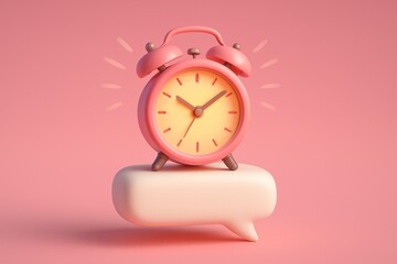 Cheerful pink alarm clock on a stylized speech bubble, pink background