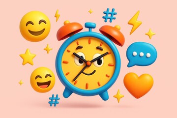 Cheerful alarm clock with emoji, chat bubble, and social media symbols