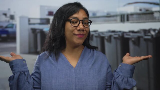 Woman wearing glasses smiling holds open palms beside a row of trash containers on a busy city street; doubt.