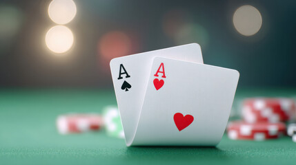 Close-up view of two aces in a poker game, surrounded by colorful chips and a blurred background creating excitement.