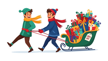 Joyful Journey: Two boys exuberantly pull a festive sleigh overloaded with brightly wrapped presents, creating a visual symphony of holiday cheer and excitement.