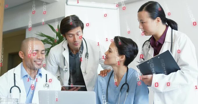 Male doctor tapping tablet chart and nurse pointing laptop graph as medical team updating data