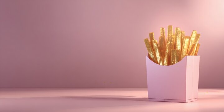  Gold French Fries in Pink Carton on Pink Background 
