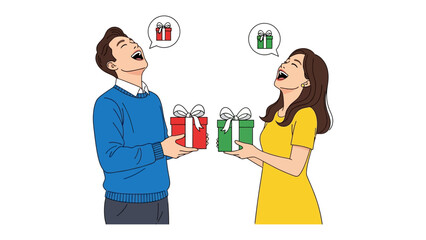Gift Exchange: A cheerful scene unfolds as a couple exchanges thoughtfully wrapped gifts, each embodying the spirit of sharing and the joy of giving. 