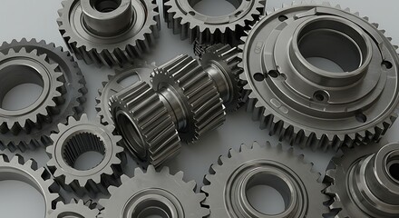 Close-up of metallic gears, varying sizes and shapes, scattered on a neutral surface