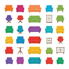 Assortment of Colorful Furniture: A curated collection of vibrant furniture pieces, offering a spectrum of design options, ranging from sleek sofas to inviting armchairs.