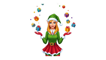 Elf Juggling Presents: A charming elf, dressed in festive green attire, skillfully juggles a collection of colorful presents, exuding joy and holiday cheer. 