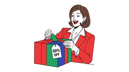 Unwrapping the Deal: A woman excitedly opens a gift box, revealing a tempting 50% off discount tag, embodying the thrill of discovery and the allure of savings.