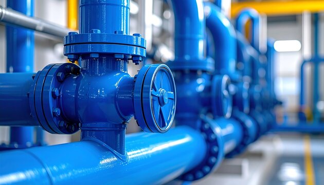Close-up of blue industrial piping system with valves and flanges