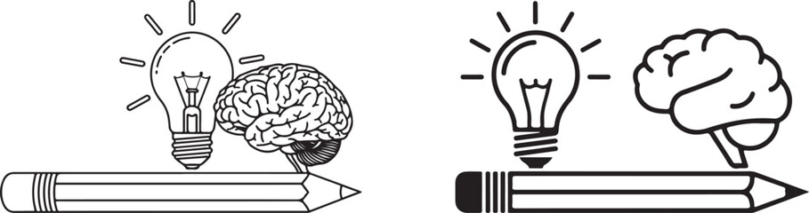 Black White Line Art of Detailed and Simple Brain Idea Pencil