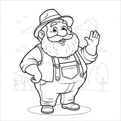 Fototapeta premium Friendly farmer coloring page, cartoon gardener character in overalls waving, black and white line art illustration for kids activity books
