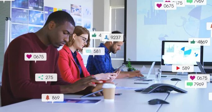 Colleagues tapping tablet phone laptop adding notification icons climbing thousands for analytics