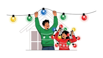 Illuminating Festive Cheer: A heartwarming moment unfolds as two figures, with garlands of vibrant fairy lights. A joyful scene embodies the spirit of holiday anticipation and togetherness.