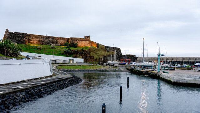Port of Angra and Fort of Sao Sebastiao at twilight