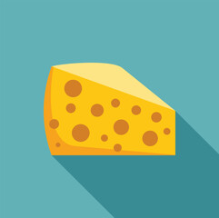 Triangular slice of swiss cheese casting a shadow on a vibrant teal background