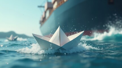Obraz premium A single paper boat is being swamped by waves from a larger ship, close up shot 