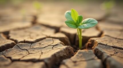 A single small green sprout growing through dry cracked earth
