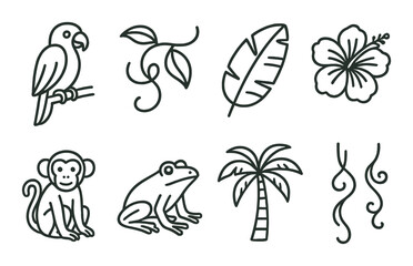 Jungle themed line art: parrot, leaves, hibiscus, monkey, frog, palm, vines