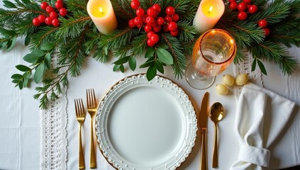 Elegant Christmas Dinner Table with Pine Garland