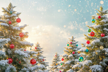 Winter scene with decorated Christmas trees under a snowy sky at sunset creates a festive atmosphere