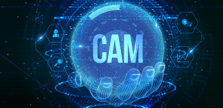 CAM Computer-aided manufacturing industrial technology automation concept. 3d illustration