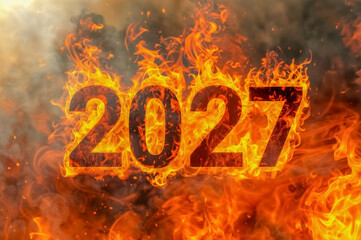 Year 2027 engulfed in flames representing intense change and transformation for the future