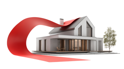 Modern house design with red ribbon unfurling around it on black background