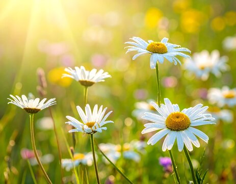 Close-up of daisies in a sunlit meadow, capturing the vibrant colors and natural beauty