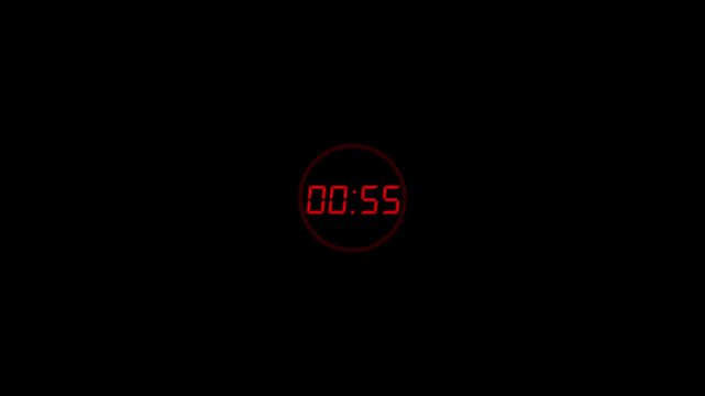 One minute countdown timer, sliding number animation, counting from one minute to zero, digital clock, 60 second scrolling countdown, black background footage