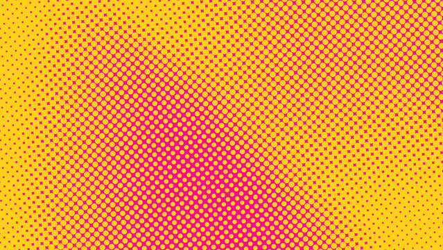 Vibrant pop art halftone pattern featuring a gradient transition from yellow dots on magenta to smaller dots. Ideal for attention-grabbing advertising, comic styles, retro themes, and lively social me