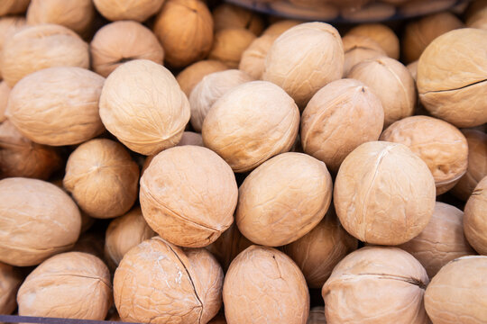 Pile of brown whole walnuts in their shells closeup