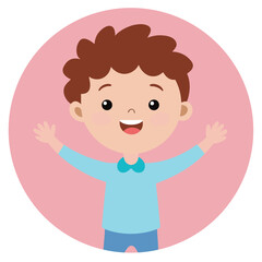 Cartoon boy with curly hair and blue outfit expressing joy and excitement