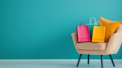 A cozy chair with colorful shopping bags against a vibrant teal wall, creating a cheerful and inviting space.