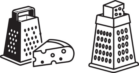 Black and White Vector Icons of Kitchen Cheese Graters and Cheese.