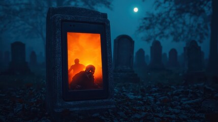 Fototapeta premium A haunting graveyard scene with eerie lighting, featuring a smartphone displaying ominous figures, surrounded by tombstones under a moonlit sky.