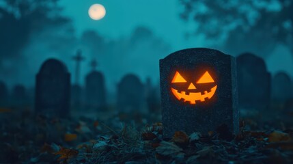 A glowing pumpkin face emerges from a gravestone in a foggy cemetery, under a full moon, creating a spooky Halloween ambiance.