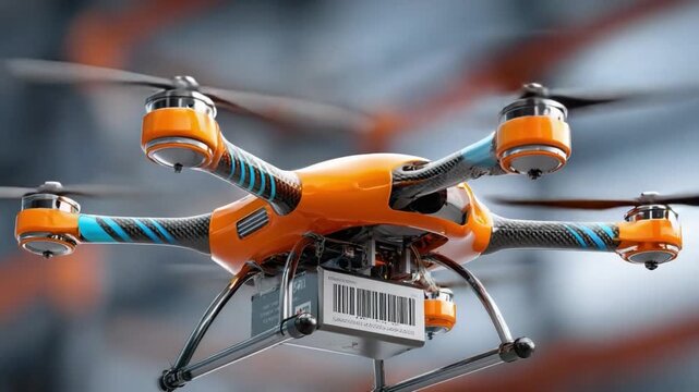 The Sky's New Delivery: A vibrant drone, ready for take-off, signifies innovation. Its propellers poised against a blurred backdrop, showcasing the future of transport and technology.
